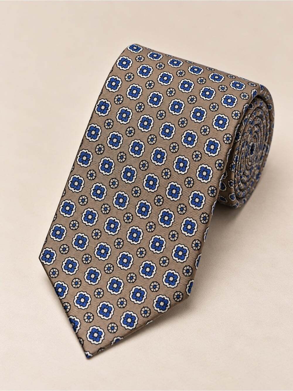 Faconnable Silk Tie Beige Blue Medallion Print Made in Italy Business Luxury